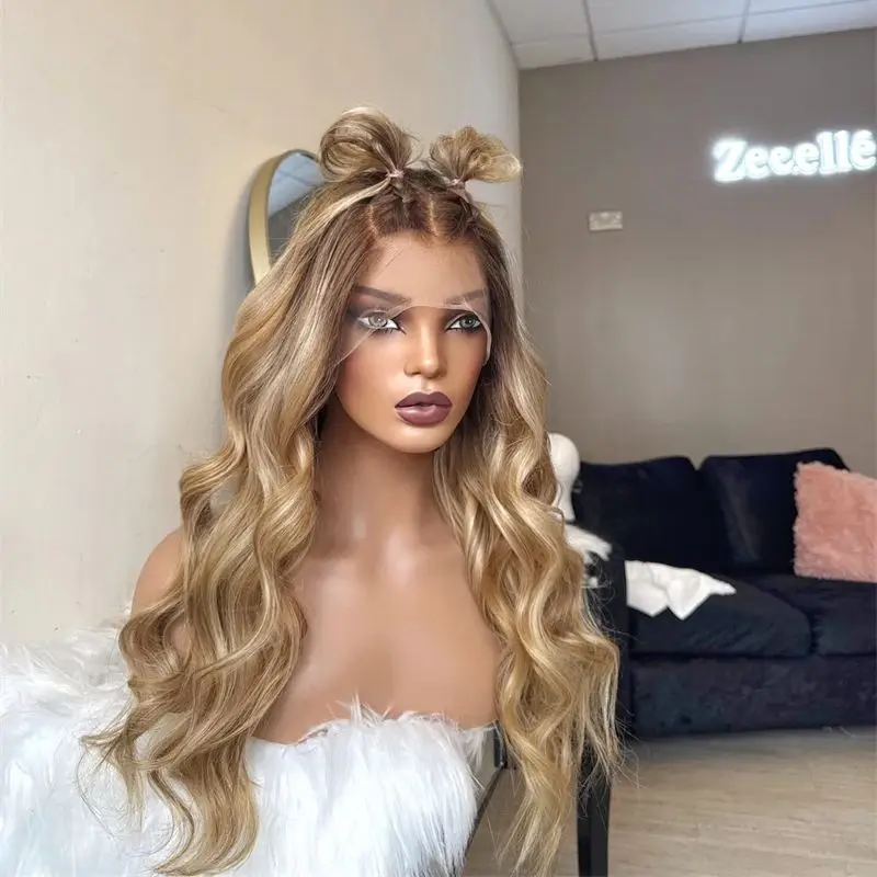Realistisch aussehende Körperwelle gemischte Perücke 13x4 Ombre Golden Blonde Highlight Lace Frontal Perücke Hitzebeständige Frauen Geschenk Perücke täglich