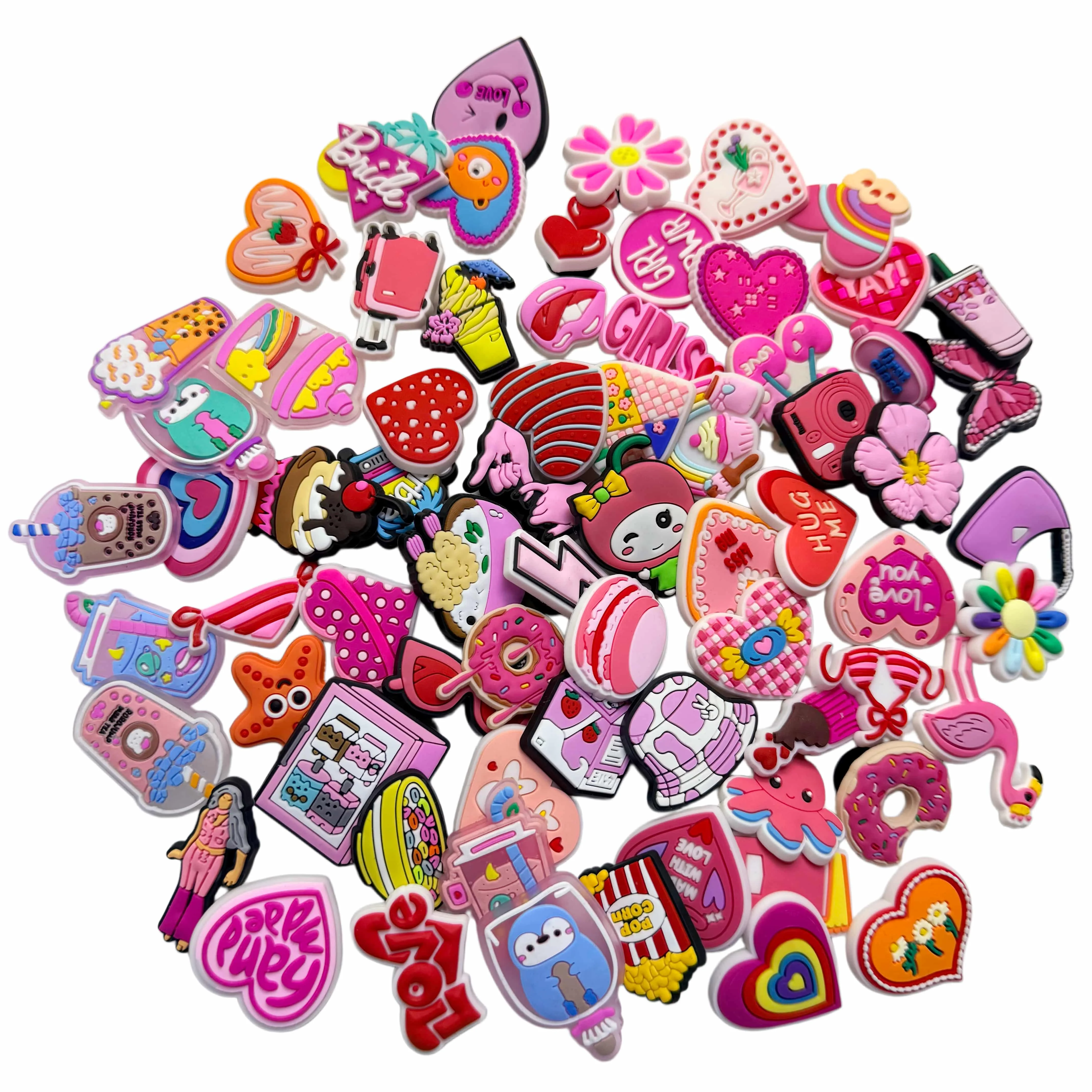 7-100Pcs Cartoon Mixing Pink Flower Heart Butterfly Bag Drinks PVC Shoe Charms Clog Sandal Shoes Accessorie Wristband Adult Gift