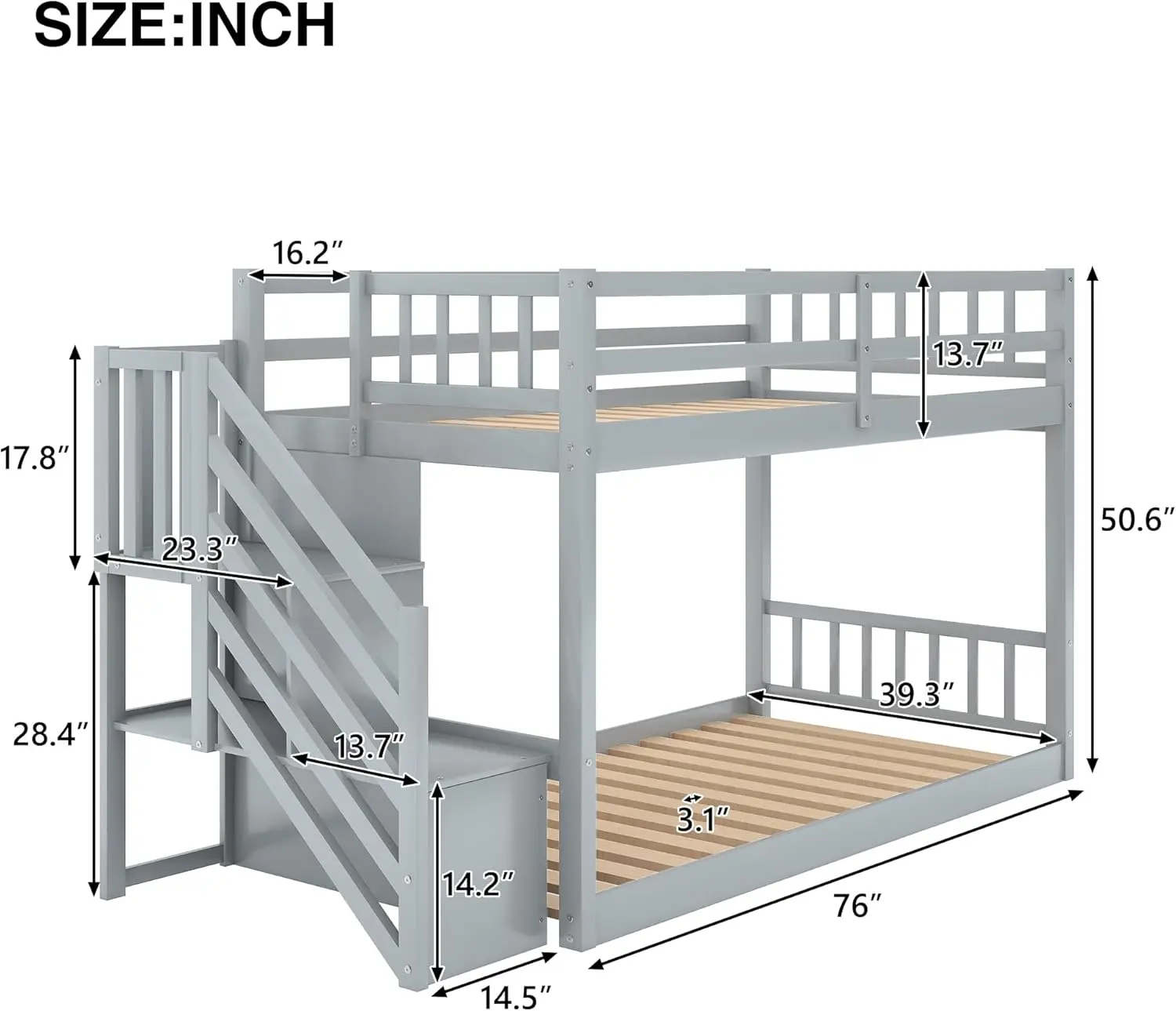 & Bright Designs Low Bunk Beds Twin Over Twin Size, Solid Wood Bunk Bed with Storage and Guardrail for Kids and Toddler