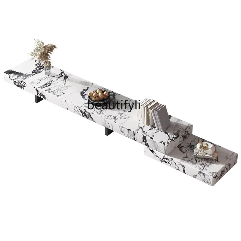 

Rock slab telescopic TV cabinet combination high and low light luxury modern living room floor cabinet stretching