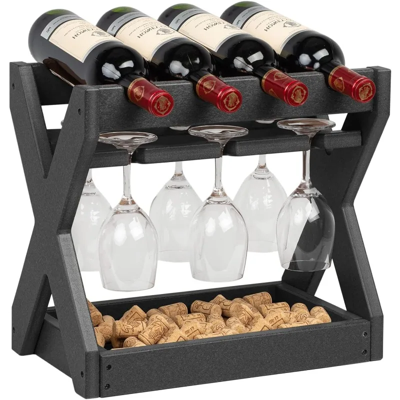 

Countertop Wine Racks with Glass Holder，4 Bottles Small Wine Rack,High-Density PE Tabletop Wine Bottle Holder for Kitchen,