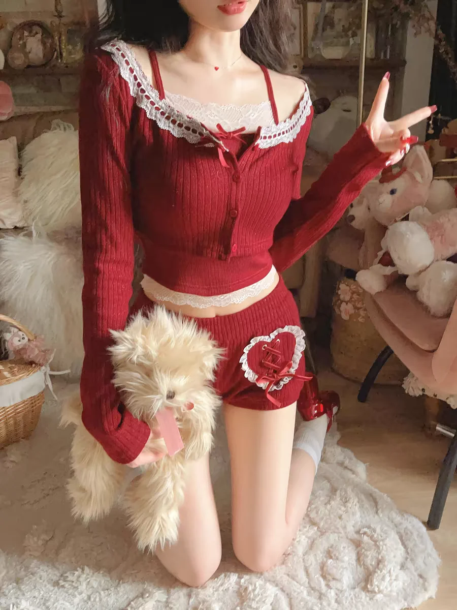 

Princess sweet lolita bobon21 Cherry French Sweetheart Girl Lace bow Knit Shirt/underwaist/shorts CTB2321