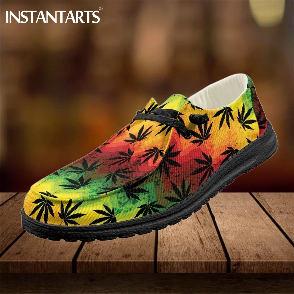 

INSTANTARTS Jamacia Flag Ladies Male Slip-on Flats Gradient Weed Leaves Printing Sneakers for Man Women Casual Lace Up Loafers