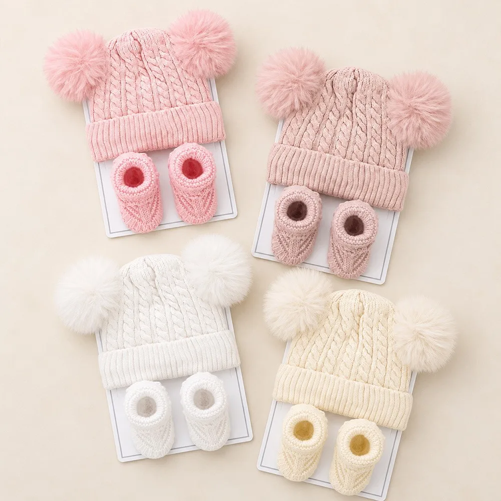 Baby Cable Knit Pom Pom Bear Hat Sock Set Thick Warm Knitted Beanie Anti Slip Socks Newborn Winter Shower Gift Keepsake QNE38