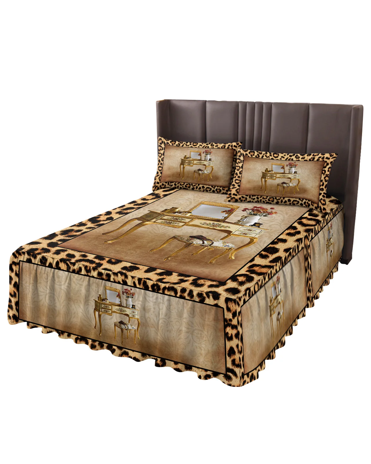 Leopard Print Animal Skin Texture Dressing Table Bed Skirt Fitted Bedspread With Pillowcases Mattress Cover Bedding Set