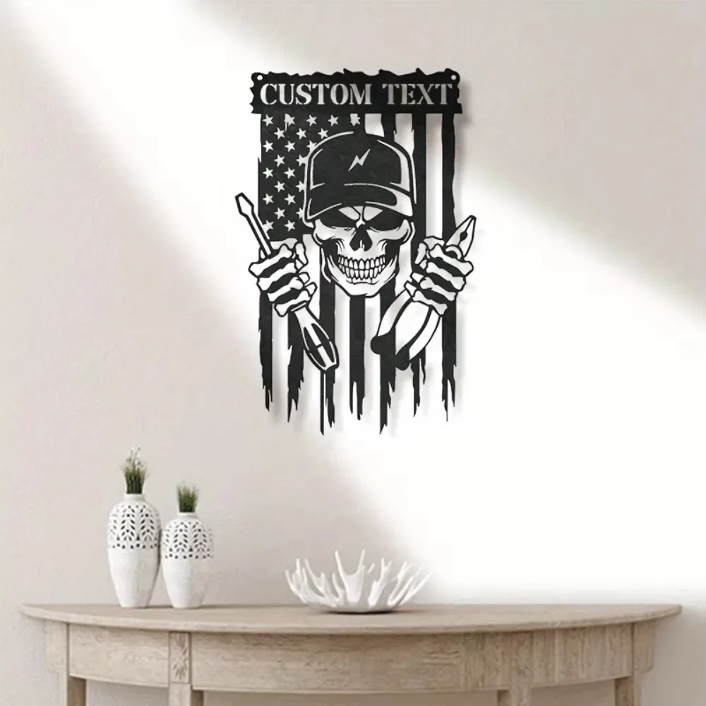 

Distinctive US - Flag Metal Sign. Electrician Skull, Tailored. Ideal for Display, Adds Distinct Appeal.