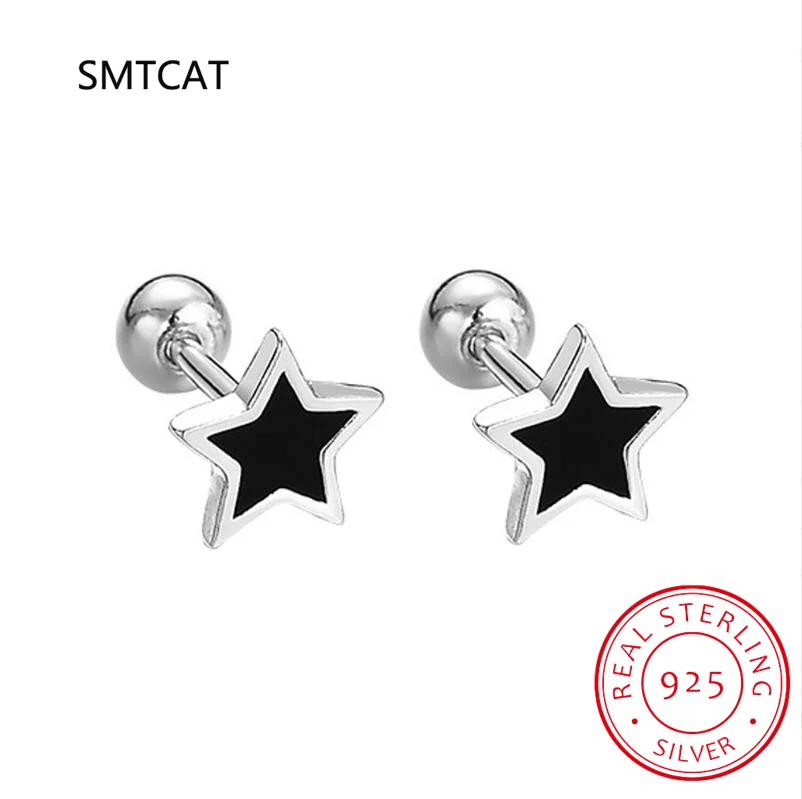 

Real 925 Sterling Silver Fashion Sweet Black Star Screw Stud Earrings For Women Wedding Minimalist Fine Jewelry DB075