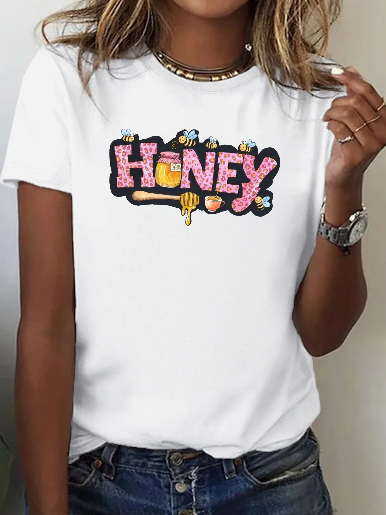 2026 Women Soft T-Shirt with Funny Honey Graphic Print Casual Crew Neck Short Sleeve Comfortable for Attire Daily Tops Clothing