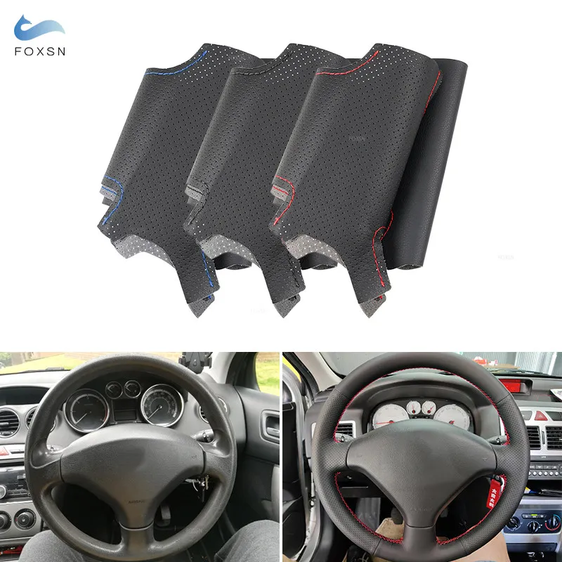 Black Soft Microfiber Perforated Leather For Peugeot 308 Old Peugeot 408 DIY Hand Sewing Car Inner Steering Wheel Cover Trim