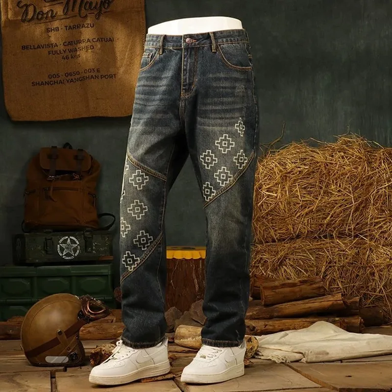 Spring and Autumn New Trendy Printed Straight Tube Elastic Jeans for Men's Casual Loose Sports High Quality Large Size Jeans