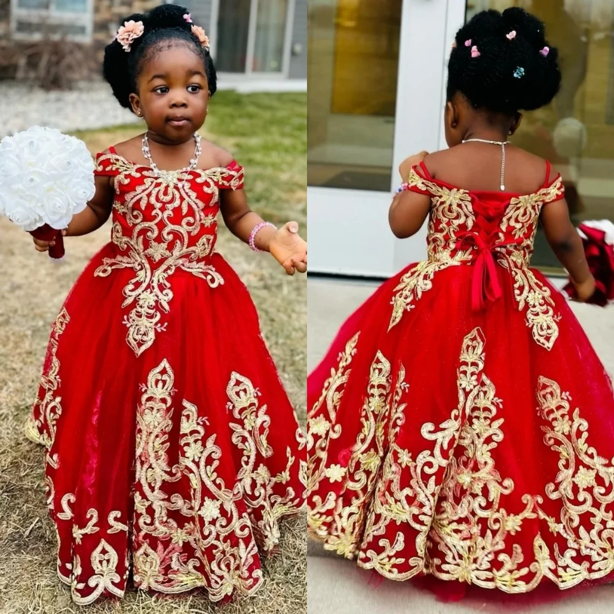

Customized Red Flower Girl Dresses for Wedding Lace Appliques Off The Shoulders Child Birthday Party First Communion Gowns