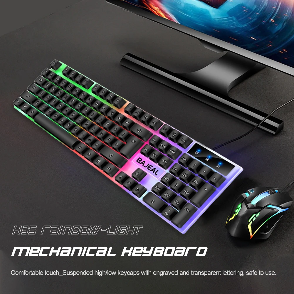 Backlit Keyboard with 7 Color Lights RGB Gaming Keyboard 1.5m Cable 98 Keys Mechanical Keyboard for Computer Laptop Gamer