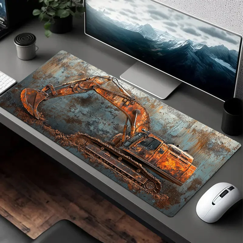 Waving Heavy Metal Style Excavator Pattern Mouse Pad, Suitable for Office, Anti-Slip Gaming Keyboard Mousepads Long Desk Pads