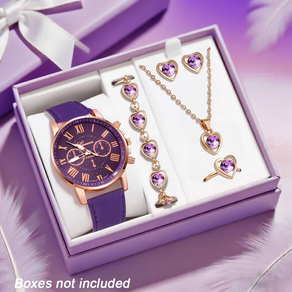 6PCS College Casual Fashion Women's Watch PU Leather Strap Quartz Watch with Necklace Accessories Set