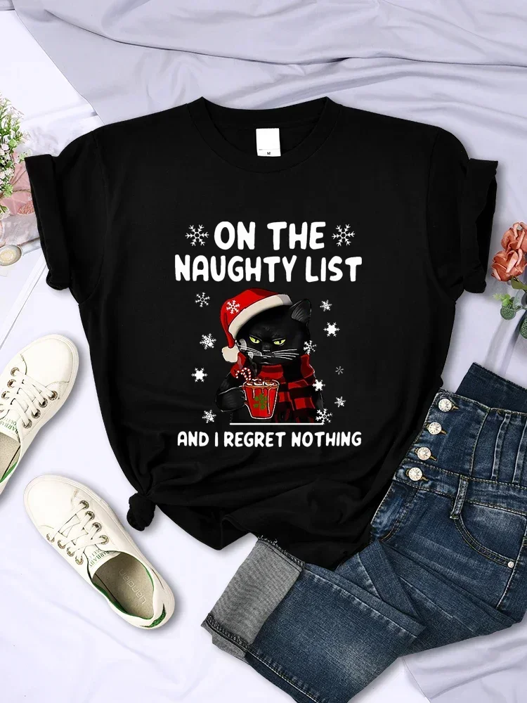 CHRISTMAS Female T-Shirts SANTA CAT ON THE NAUGHTY LIST AND I REGRET NOTHING Fashion Tee Clothing Harajuku Women Tops