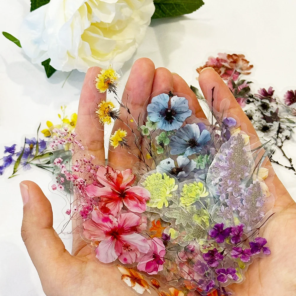50pcs Flower Plant Stickers Hand Tent DIY Stick Labels Scrapbooking Material Journal Supplies Transparent Flower PET Sticker