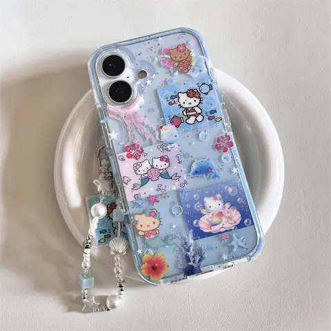 Sanrio 여름 해변 헬로 키티 블루 아이폰 16/15/14 프로 맥스 전화 케이스 – 팔찌 스트랩과 수중 쉘, 상어 참 포함