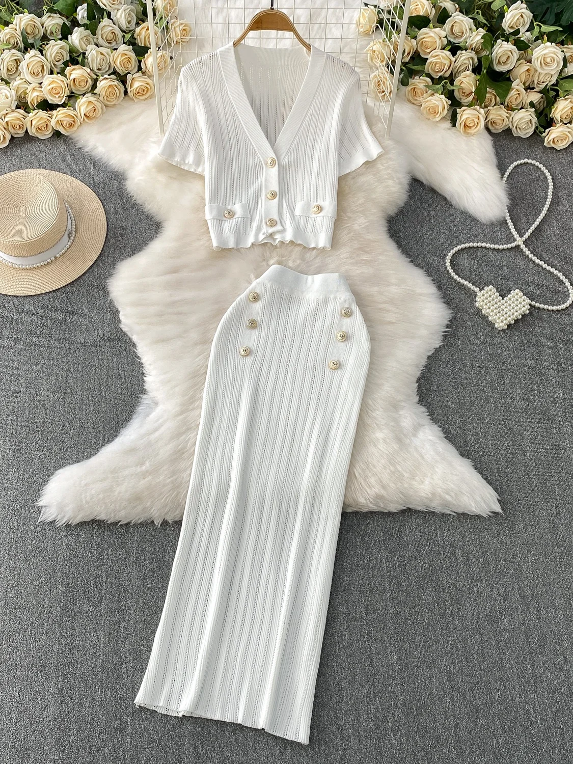 

Модный дышащий вязаный топ и юбка с высокой талией, комплект с металлической облегающей юбкой для похудения