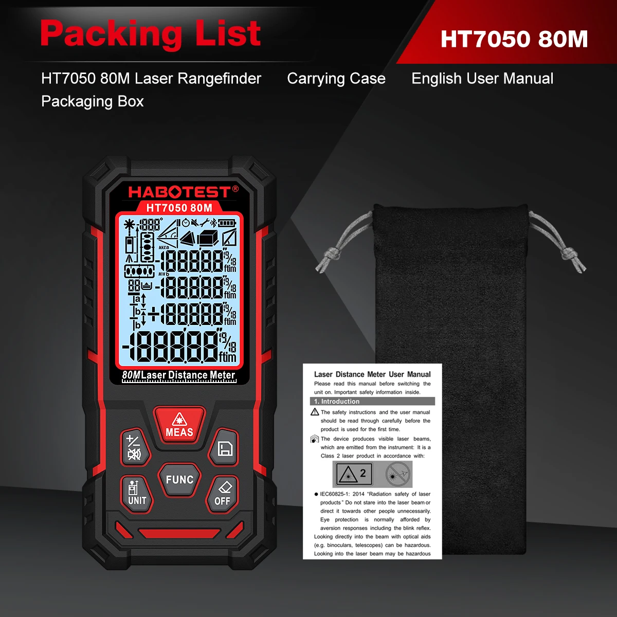 HABOTEST HT7050 50M Laser-Entfernungsmesser ±1,5mm Hochpräziser Digitaler Distanzmesser IP40 Neigungsmesser Messwerkzeug für Bauarbeiten – Detail 11