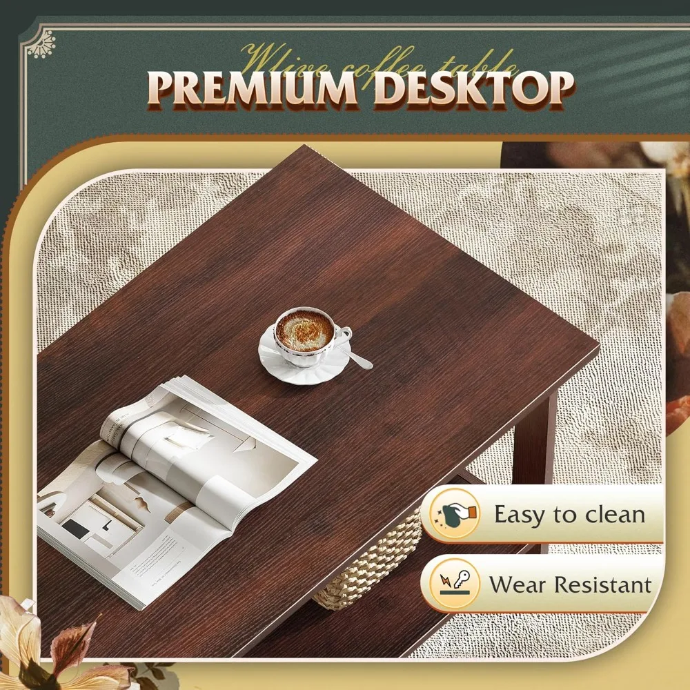 Coffee Table with Storage Shelf, 39.4" Farmhouse Coffee Table with V-Frame Support, 2-Tier Wood Rustic Center Table for Living