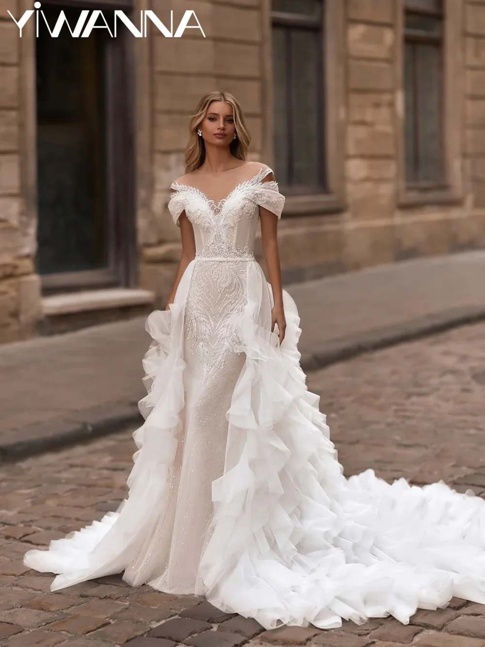 

Ruffled Detachable Train Beaded Wedding Dress Elegant Oneck Mermaid Long Bridal Gown Customized Glamorous Dresses For Bride
