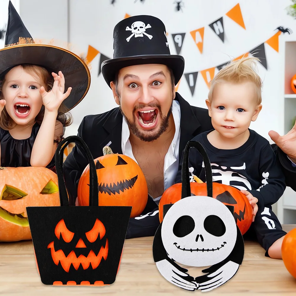 Handgehaltene Halloween-Trick-or-Treat-Tasche aus Filz, 3D-Kürbis-Geist-Fledermaus-Design, Vlies-Tragetasche, klassische Elemente, Goody-Tasche für Kinder