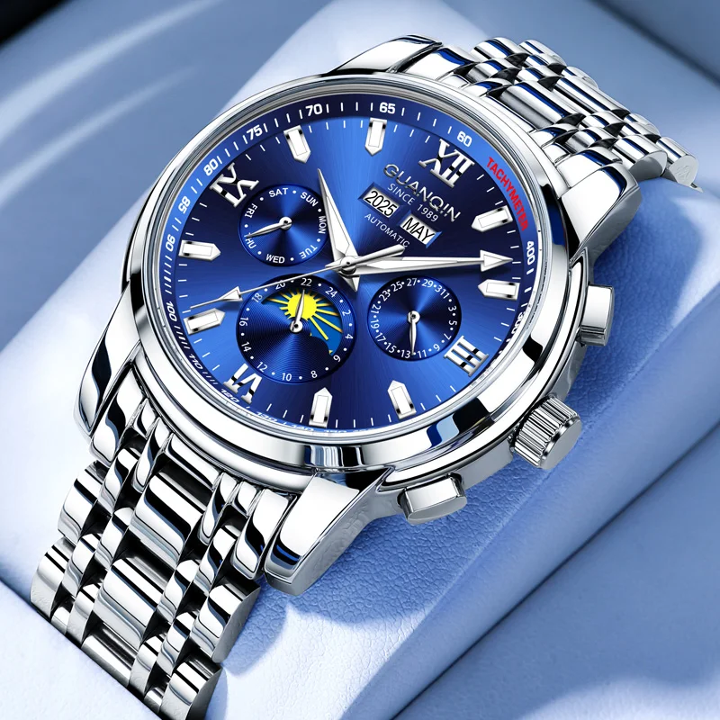 

GUANQIN Luxury Men Mechanical Watch Automatic Movement Two Way on Chain Multifunctional Dial Leisure Waterproof Watches for Man