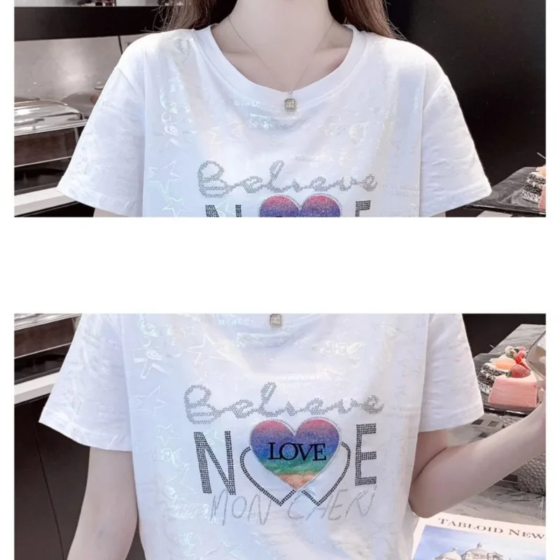 Summer Women\'s Pullover Letter Geometric Rhinestone Contrast Color Short Sleeve T-shirt Elegant Clothing Round Neck Casual Tops