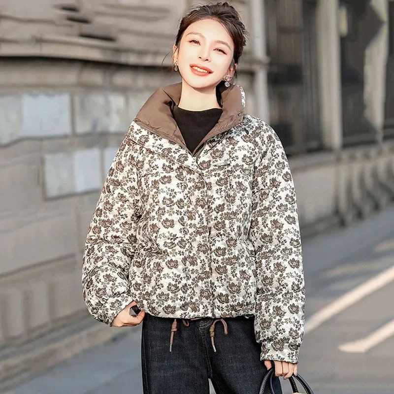 Women's Chic Printed Down Cotton Padded Jacket, 2026 Winter New Short Overcoat, Loose Plus Size Thick Warm Windproof Parka Coat