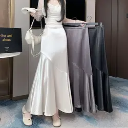 Casual Summer Jupe Satin Splicing Fishtail Long Skirt High Waisted Faldas Largas Streetwear Y2K Vintage Trumpet Mermaid Clothes