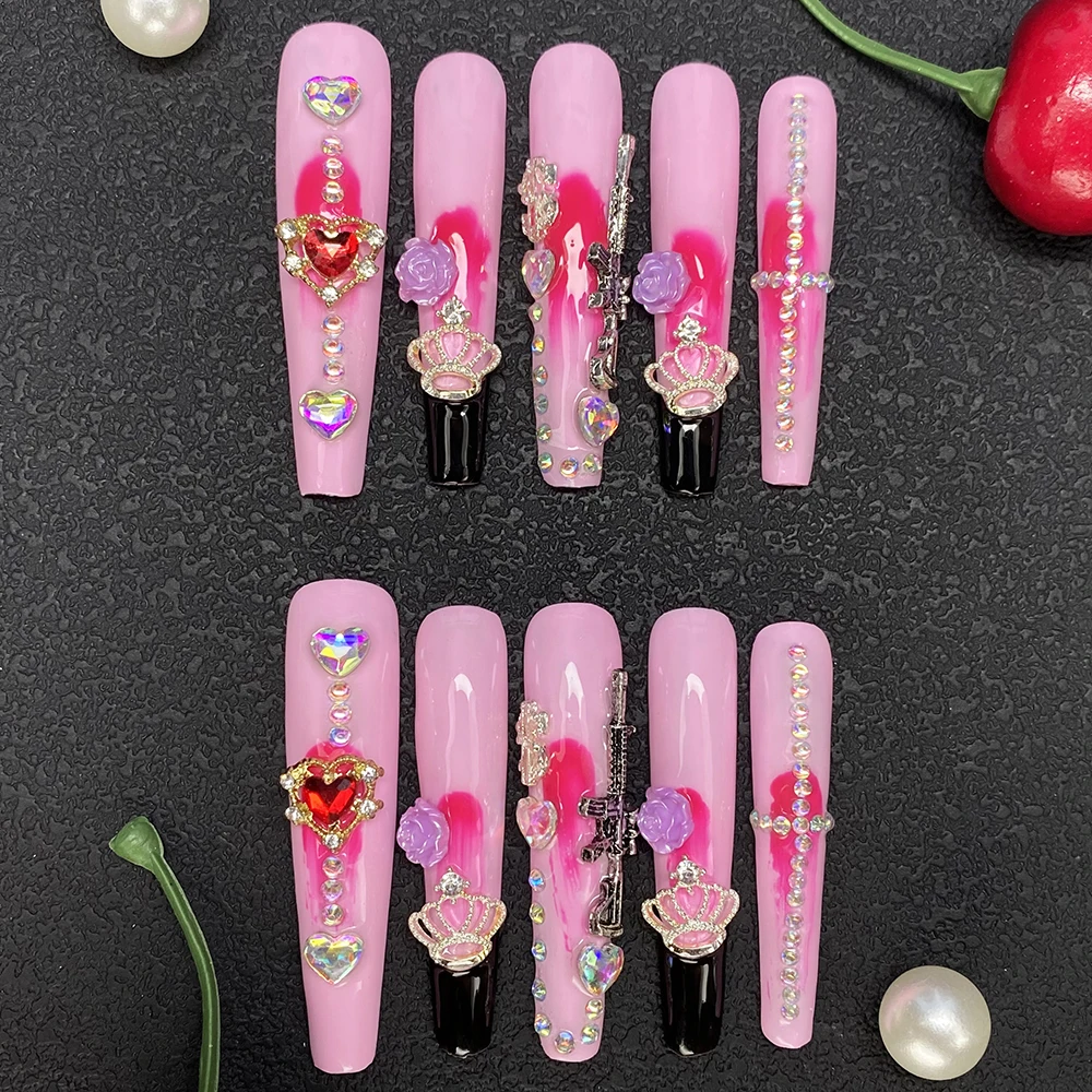 

Изысканные салонные накладные ногти Y2K, 10 шт., ручная роспись, прочные, ручной работы, очень длинные, 55 мм, с полным декором, искусственные ногти для маникюра