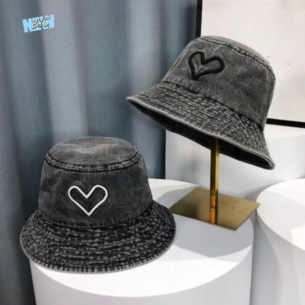 

Big Brim Cowboy Fisherman Hat Travel Sunshade Love Heart Denim Bucket Hat Korean Style Sun Helmet Covering Basin Hat Outdoor