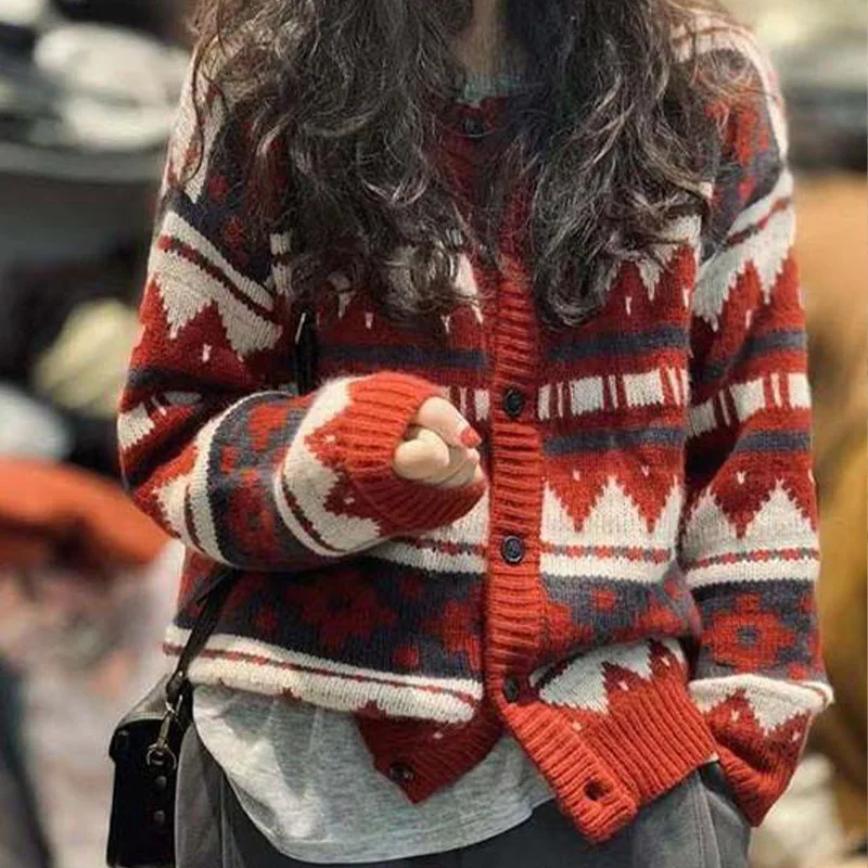 Women Y2k Vintage Jacquard Thick Sweaters Autumn Winter Fashion Commute Loose Warm Wool Knitted Cardigan