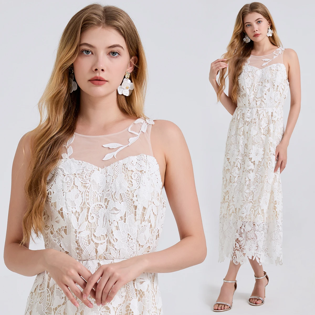 

Summer French Elegant Lace Formal Dress Fashion O-Neck Hollow Out Mesh Splicing Flower Embroidery Evening Party Long Vestidos