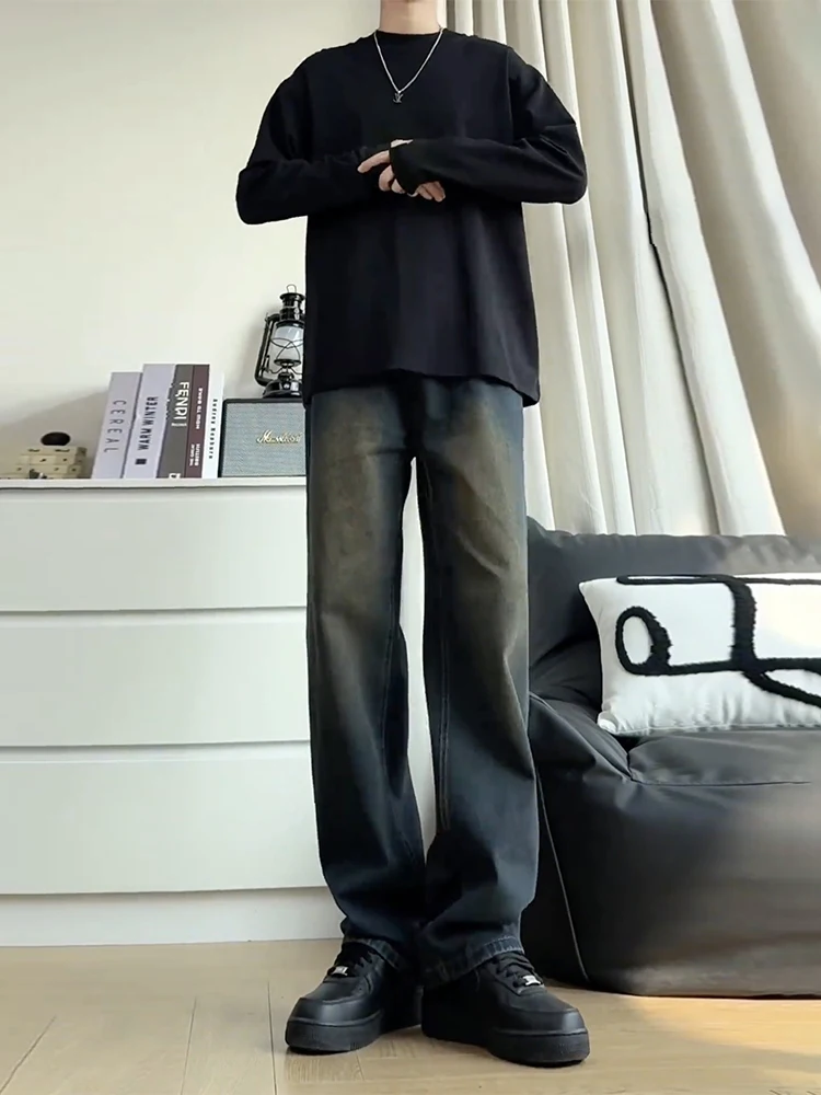 Retro Wa Blue Jeans Men's Elastic Vintage American Straight Loose Tall Micro Flared Pants Youth Trendy Cotton Polyester