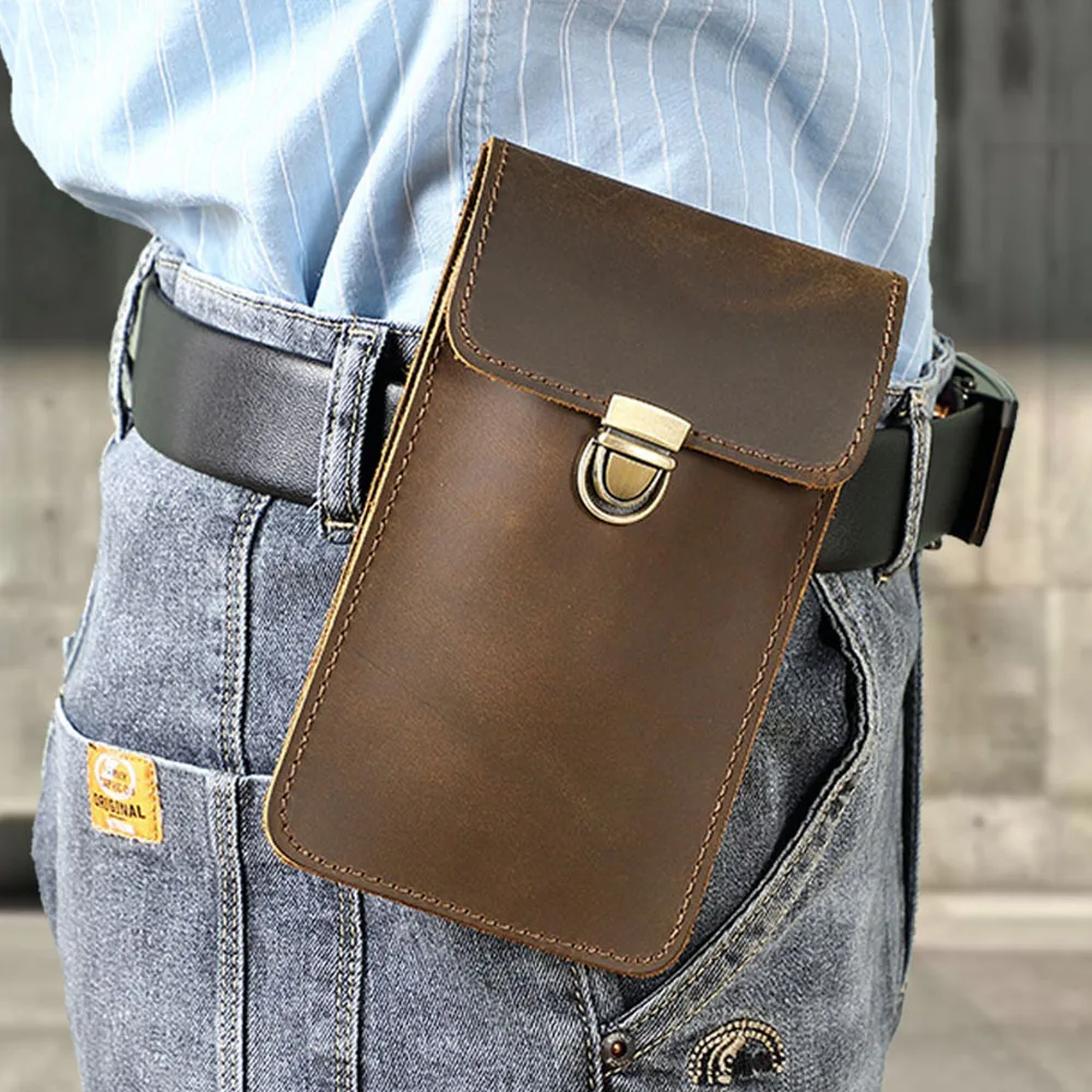 

Leather fanny pack, first layer cowhide wear belt, outdoor work waist hanging mobile phone bag, light and thin cowhide large cap