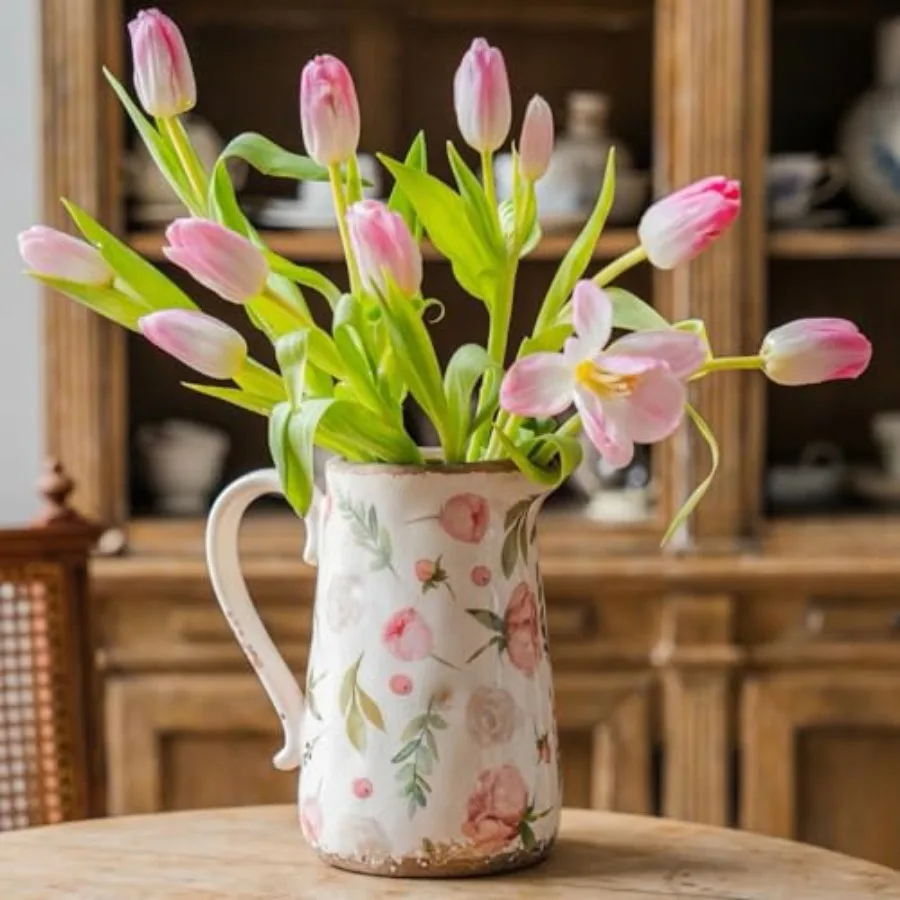 

Retro Rustic Large Ceramic Vase with Handle, Distressed Farmhouse Pitcher for Home, Ideal Shelf Decor Floral Vase for Livg Room