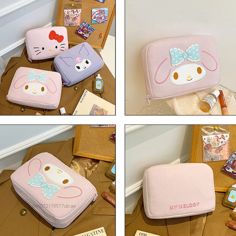 Sanrio Hello Kitty Kuromi Melody Cute Embroided Pattern Cosmetic Bags Large Capacity Cartoon Canvas Women Makeup Bag Stroage Bag