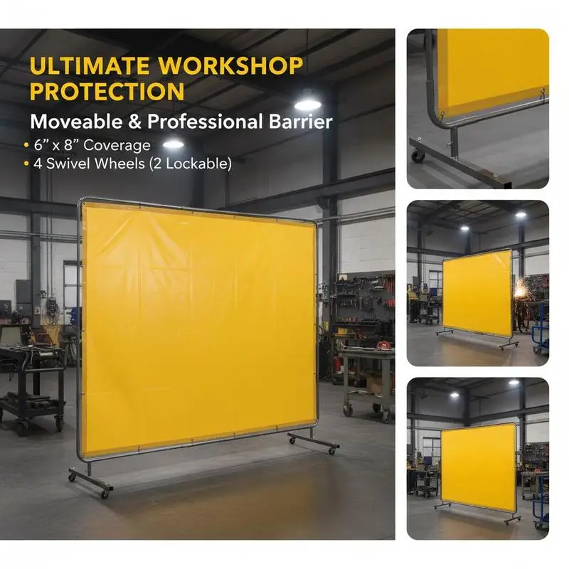 Flame-Resistant Vinyl Shield 6' x 8' For Workshop Industrial Site, Professional Protection Moveable Base Heavy-Duty Frame 4 Swivel Wheels 2 Locking Casters Yellow High-Visibility Utility Screen Metalworking Barrier Frame Assembly Included Individual