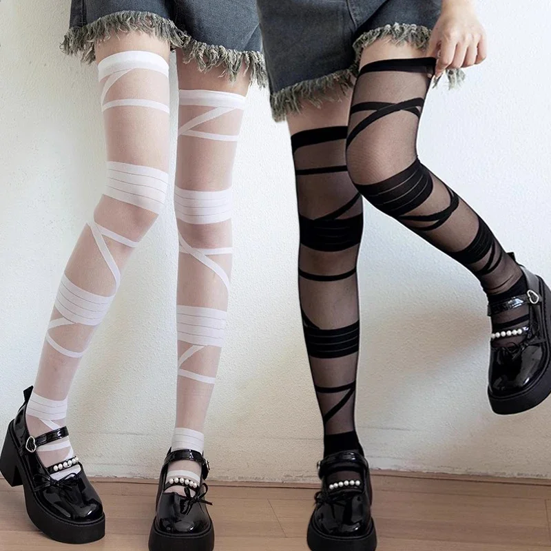 Lolita Elastic Transparent Stripe Stockings Casual Ultra-thin Bandage JK Style High Tube Long Socks Nylon Breathable Streetwear