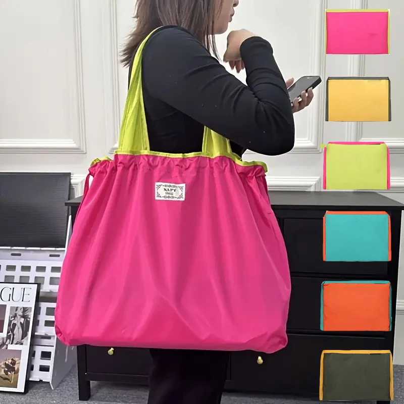 Bolsa de compras reutilizable de gran capacidad, bolsa de comestibles con cordón ecológica a la moda, bolso de hombro impermeable de viaje informal