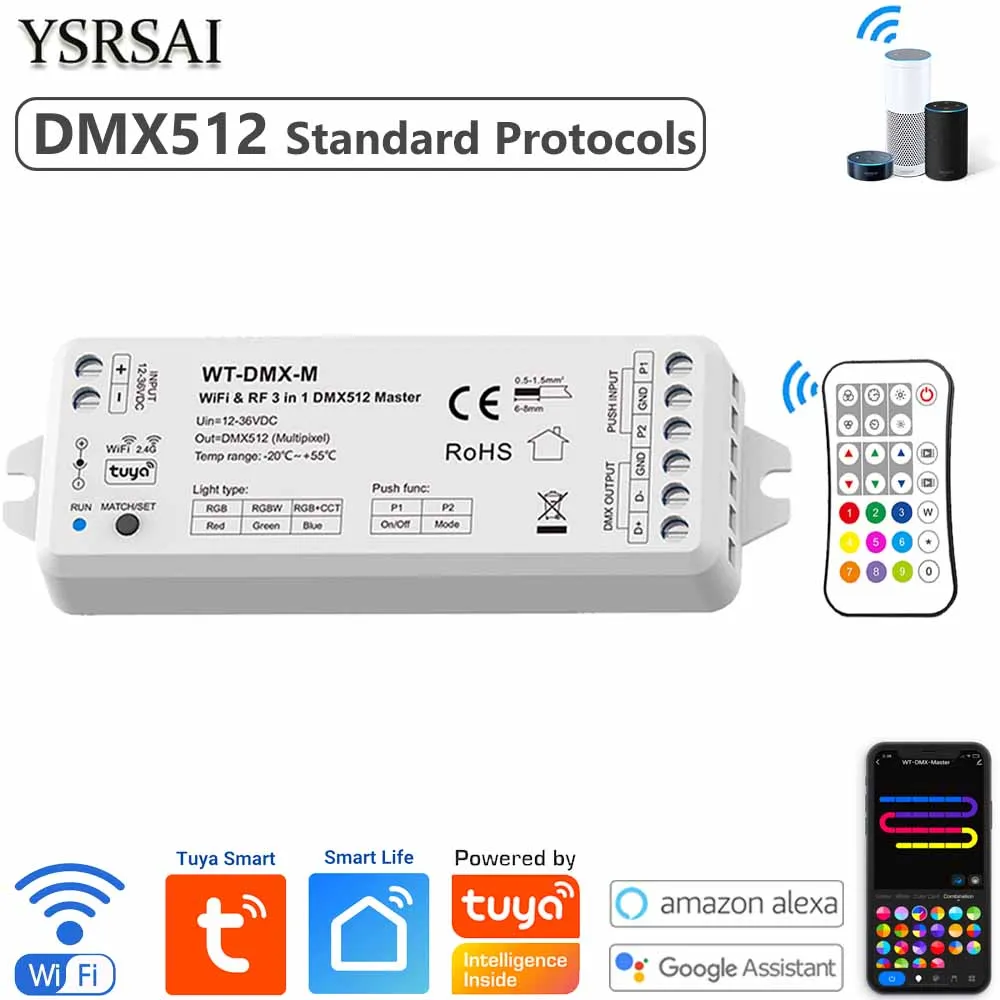 WiFi&RF 3-in-1 DMX512 Master DC12-36V RGB RGBW RGBCCT Pixel Multip Dynamic DMX512 Standard Protocols for Google Alexa Smart Life