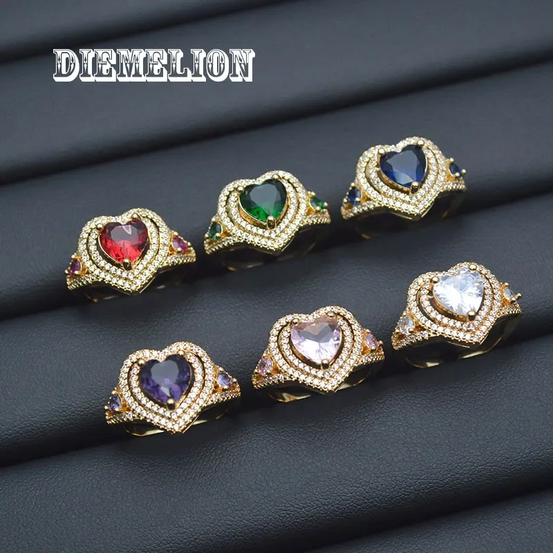 Hollow-out Multilayer Heart-Shaped Crystal Open Rings Luxury Colorful CZ Heart Ring for Women Newly Designed Engagement Jewelry