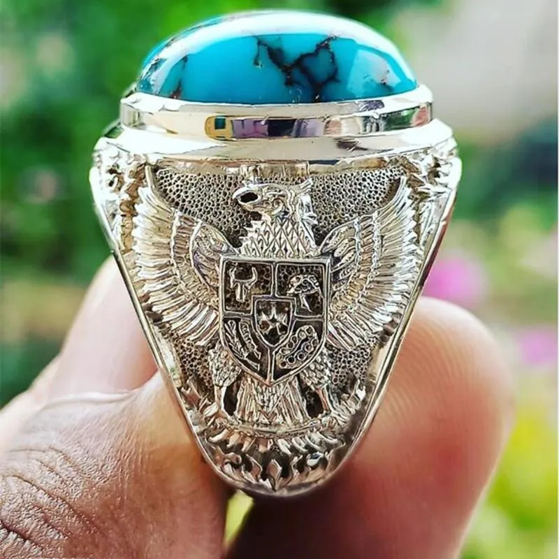 Vintage Natural Turquoise Stone Double Eagles Carving Rings for Men White Gold Filled Sterling Silver 925 Finger Bands Accessory