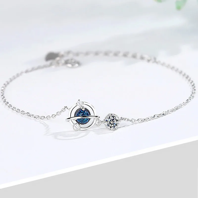 16+3cm 925 Sterling Silver Bracelet Blue Planet Dazzling Clear CZ Cute For Woman Girl Fashion Jewelry Gift Dropship Wholesale