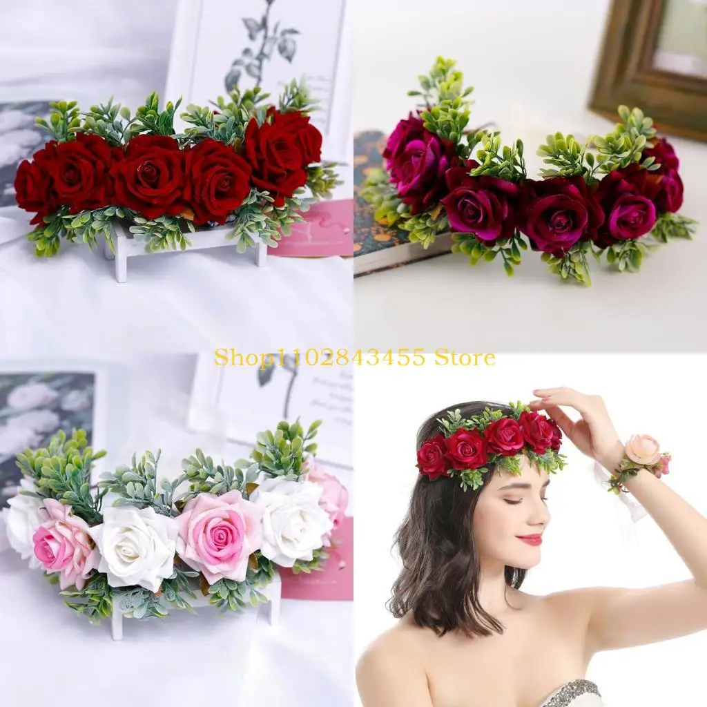 

49MC Floral Hair Wreath with Ribbon Adjustable Halo Bridal Faux Rose Garland Wedding Festival Party Handmade Photo Props