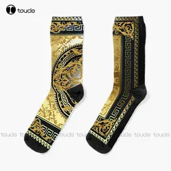 Ornate Baroque Black Gold Greek Keys Meander Socks Pink Football Socks Personalized Custom Unisex Adult Teen Youth Socks