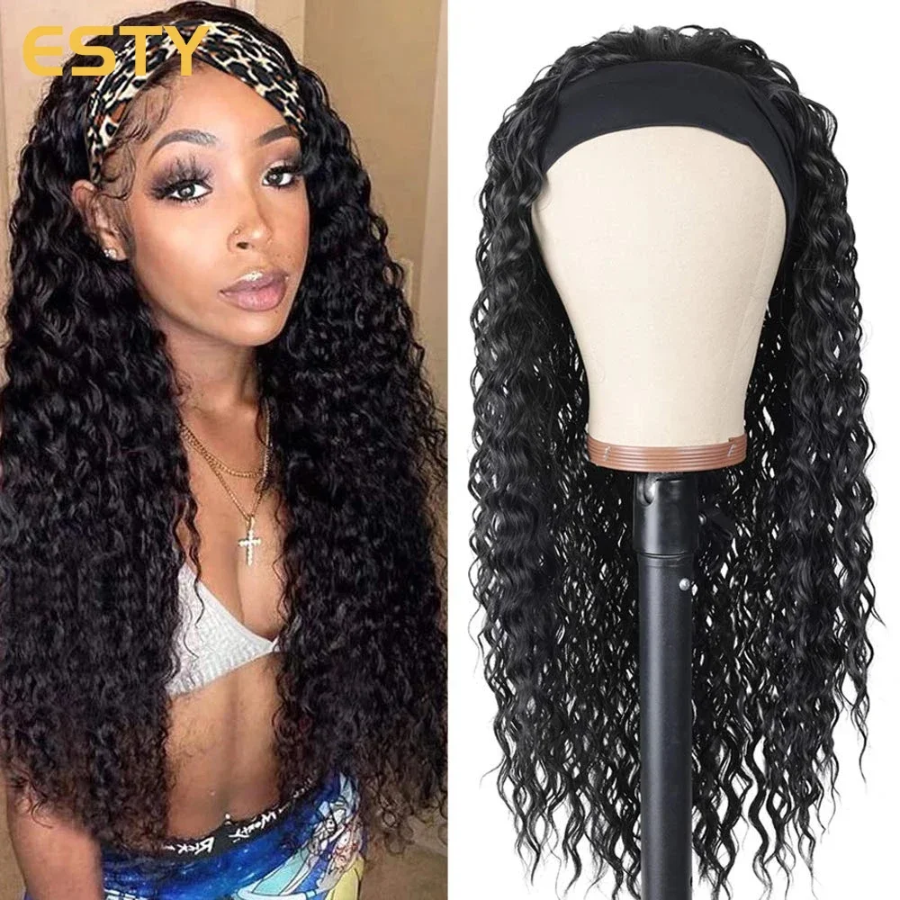 

Water Wave Headband Wig Kinky Curly Human Hair Wigs for Women Full Mechanism Deep Wave Curly Headband Scarf Glueless Wig