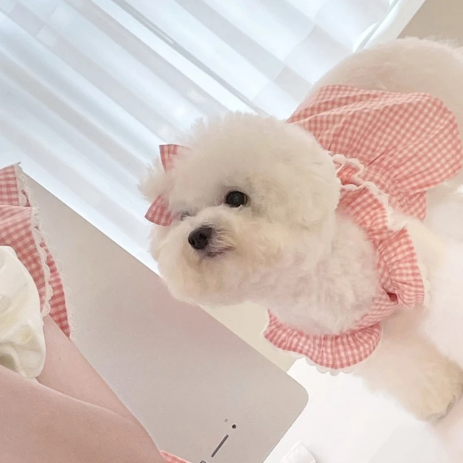 Dog Clothing Princess Pink Plaid Dress Pet  Teddy Pomeranian Bears Small  Cat Skirt