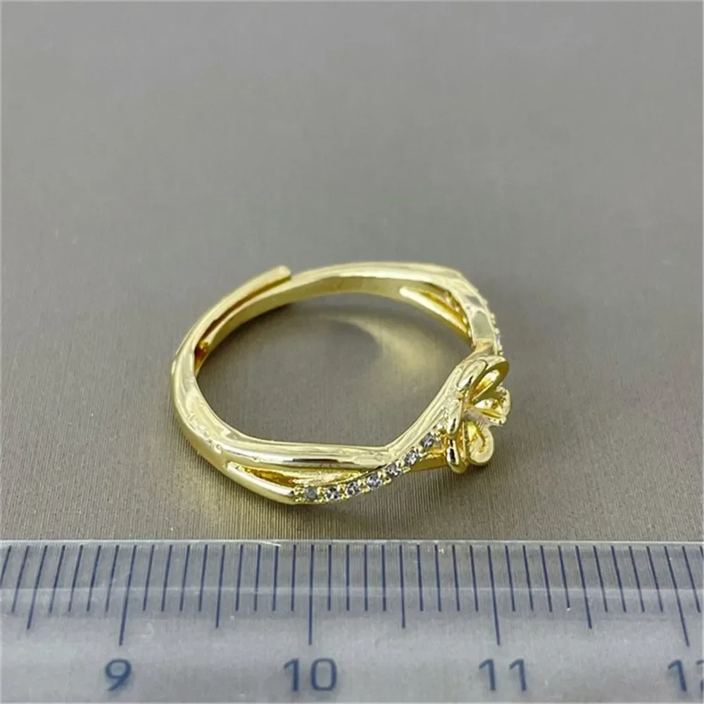 18K Plated Gold DIY Hand Pinto Ring Paste Ring Face Half Hole Bead Needle Inlaid Pearl Opening Ring Accessories No Pearl E076